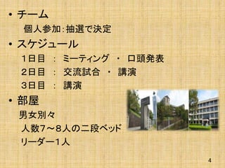 • チーム
個人参加：抽選で決定
• スケジュール
１日目 ： ミーティング ・ 口頭発表
２日目 ： 交流試合 ・ 講演
３日目 ： 講演
• 部屋
男女別々
人数７～８人の二段ベッド
リーダー１人
4
 
