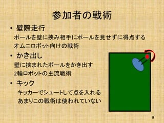 参加者の戦術
• 壁際走行
ボールを壁に挟み相手にボールを見せずに得点する
オムニロボット向けの戦術
• かき出し
壁に挟まれたボールをかき出す
2輪ロボットの主流戦術
• キック
キッカーでシュートして点を入れる
あまりこの戦術は使われていない
9
 