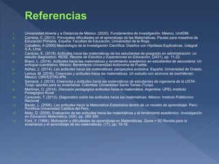 1. Universidad Abierta y a Distancia de México. (2020). Fundamentos de Investigación. México, UnADM.
2. Carreira, C. (2013). Principales dificultades en el aprendizaje de las Matemáticas. Pautas para maestros de
Educación Primaria. España: Facultad de Educación, Universidad de la Rioja.
3. Caballero, A (2000) Metodología de la Investigación Científica: Diseños con Hipótesis Explicativas, Udegraf
S.A, Lima.
4. Cardoso, E. (2018). Actitudes hacia las matemáticas de los estudiantes de posgrado en administración: un
estudio diagnostico. REXE. Revista de Estudios y Experiencias en Educación, (2431), pp. 11-22.
5. Bravo, L. (2014). Actitudes hacia las matemáticas y rendimiento académico en estudiantes de secundaria: Un
enfoque cuantitativo. México: Benemérita Universidad Autónoma de Puebla.
6. Núñez, J. (2014). Las actitudes hacia las matemáticas: perspectiva evolutiva. España: Universidad de Oviedo.
7. Lemus, M. (2016). Creencias y actitudes hacia las matemáticas. Un estudio con alumnos de bachillerato.
México: CINVESTAV-IPN.
8. Samacá, J. (2015). Creencias y actitudes hacia las matemáticas de estudiantes de ingeniería de la USTA-
Tunja: aportes para su enseñanza. Colombia: Universidad Santo Tomas (Tunja).
9. Martínez, O. (2014). Discusión pedagógica actitudes hacia la matemática. Argentina: UPEL-Instituto
Pedagógico Rural.
10. Cerecedo, T. (2012). Diagnostico sobre las actitudes hacia las matemáticas. México: Instituto Politécnico
Nacional
11. Bazán, L. (2006). Las actitudes hacia la Matemática-Estadística dentro de un modelo de aprendizaje. Perú:
Pontificia Universidad Católica del Perú.
12. Mato, D. (2009). Evaluación de las actitudes hacia las matemáticas y el rendimiento académico. Investigación
en Educación Matemática, (XIII), pp. 285-300.
13. Font, V. (1994). Motivación y dificultades de aprendizaje en Matemáticas. Suma + 92 Revista para la
enseñanza y el aprendizaje de las matemáticas, (17), pp. 10-16.
 