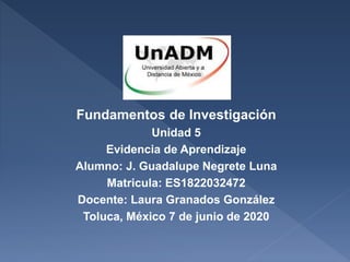 Fundamentos de Investigación
Unidad 5
Evidencia de Aprendizaje
Alumno: J. Guadalupe Negrete Luna
Matricula: ES1822032472
Docente: Laura Granados González
Toluca, México 7 de junio de 2020
 