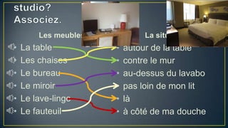 Les meubles

•
•
•
•
•
•

La table
Les chaises
Le bureau
Le miroir
Le lave-linge
Le fauteuil

La situation

•
•
•
•
•
•

autour de la table
contre le mur
au-dessus du lavabo
pas loin de mon lit
là
à côté de ma douche

 