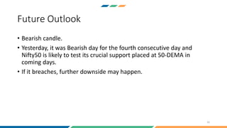 Future Outlook
• Bearish candle.
• Yesterday, it was Bearish day for the fourth consecutive day and
Nifty50 is likely to test its crucial support placed at 50-DEMA in
coming days.
• If it breaches, further downside may happen.
16
 