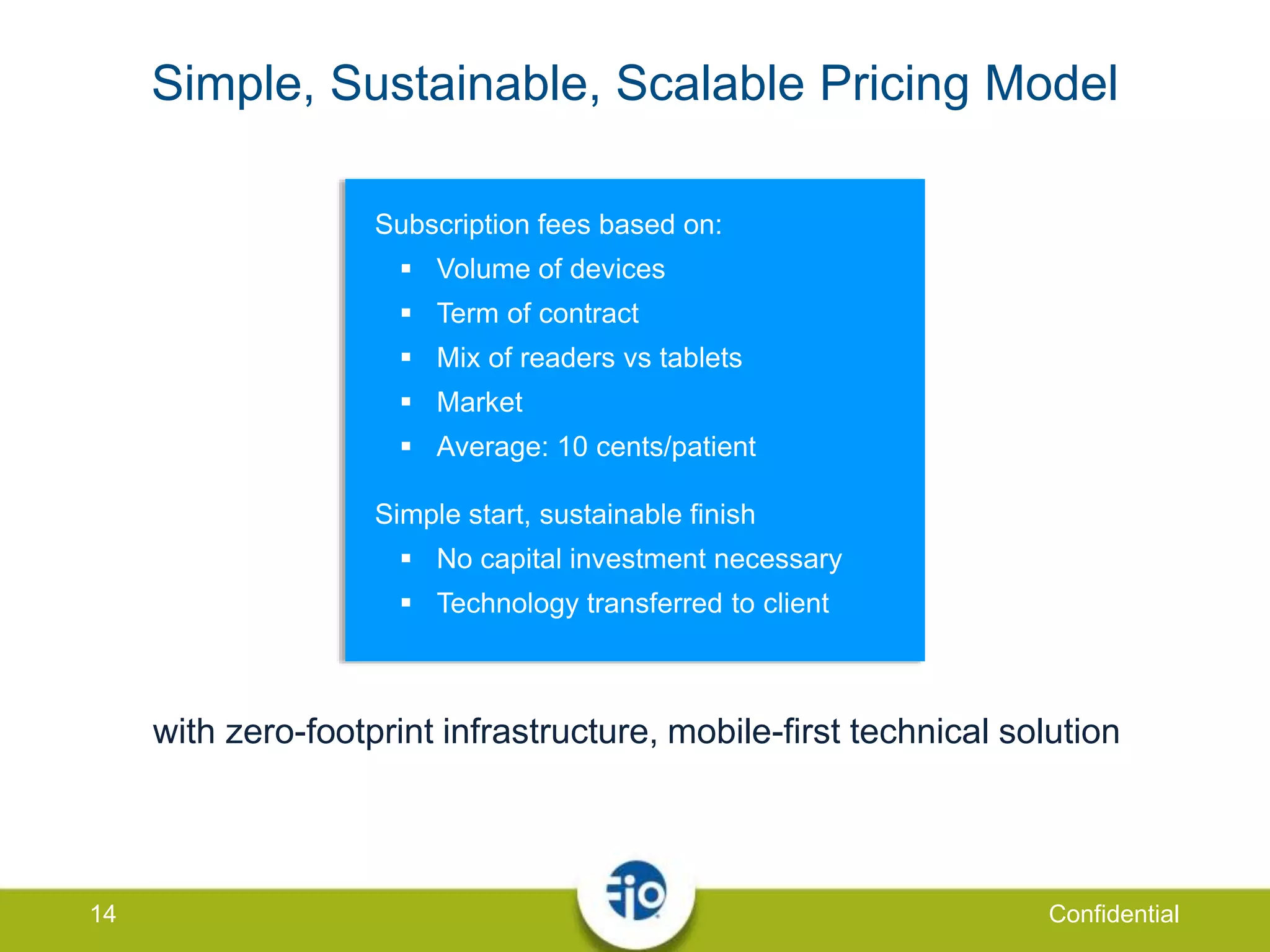 Simple, Sustainable, Scalable Pricing Model
14 Confidential
Subscription fees based on:
 Volume of devices
 Term of contract
 Mix of readers vs tablets
 Market
 Average: 10 cents/patient
Simple start, sustainable finish
 No capital investment necessary
 Technology transferred to client
with zero-footprint infrastructure, mobile-first technical solution
 