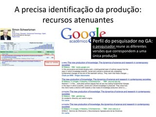 A precisa identificação da produção:
recursos atenuantes
Perfil do pesquisador no GA:
o pesquisador reune as diferentes
versões que correspondem a uma
única produção

 