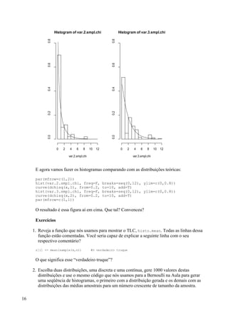 E agora vamos fazer os histogramas comparando com as distribuições teóricas:
par(mfrow=c(1,2))
hist(var.2.smpl.chi, freq=F, breaks=seq(0,12), ylim=c(0,0.8))
curve(dchisq(x,1), from=0.2, to=10, add=T)
hist(var.3.smpl.chi, freq=F, breaks=seq(0,12), ylim=c(0,0.8))
curve(dchisq(x,2), from=0.2, to=10, add=T)
par(mfrow=c(1,1))
O resultado é essa figura aí em cima. Que tal? Convenceu?
Exercícios
1. Reveja a função que nós usamos para mostrar o TLC, histo.mean. Todas as linhas dessa
função estão comentadas. Você seria capaz de explicar a seguinte linha com o seu
respectivo comentário?
z[i] <- mean(sample(x,n)) #O verdadeiro truque
O que significa esse “verdadeiro truque”?
2. Escolha duas distribuições, uma discreta e uma contínua, gere 1000 valores destas
distribuições e use o mesmo código que nós usamos para a Bernoulli na Aula para gerar
uma seqüência de histogramas, o primeiro com a distribuição gerada e os demais com as
distribuições das médias amostrais para um número crescente de tamanho da amostra.
16
Histogram of var.2.smpl.chi
var.2.smpl.chi
0 2 4 6 8 10 12
0.0
0.2
0.4
0.6
0.8
Histogram of var.3.smpl.chi
var.3.smpl.chi
0 2 4 6 8 10 12
0.0
0.2
0.4
0.6
0.8
 