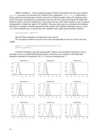 Ihhhh! Complicou... Vamos explicar devagar. Estamos calculando uma área com a função
pnorm() e esta área é de um ponto até o infinito (com o agumento lower.tail=F.) Muito bem, o
ponto a partir do qual queremos calcular esta área é o limite da região crítica sob a hipótese nula,
certo? Este ponto corresponde ao quantil para uma área de 0.975, para uma Normal de média 100
(hipótese nula) e um desvio-padrão de 2.5 (de onde vem esse valor? Dica: lembre-se que a variância
da população é conhecida e igual a 625 mmHg2
). Mas essa área é para ser calculada sob a hipótese
alternativa, e portanto os demais argumentos são a média sob a hipótese alternativa (que é o vetor
x) e o desvio-padrão que é o mesmo que sob a hipótese nula. Agora basta desenhar o gráfico:
plot(x,poder, type="l")
Que tal? Que conclusões você pode tirar dessa curva?
Se você quiser conferir essa curva com a que você aprendeu na aula ou no livro, use este
código:
poder1 <- pnorm(qnorm(0.025)+abs((100-x))/2.5)
points(x,poder1)
Confere? Entendeu o que está acontecendo? Aquela curva da hipótese alternativa está se
movendo no eixo x, produzindo diferentes áreas, com nessas curvas abaixo, construídas para
hopóteses alternativas variando de 101 a 117 com um incremento de 2:
12
 