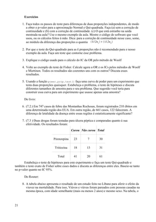 Exercícios
1. Faça todos os passos do teste para diferenças de duas proporções independentes, de modo
a obter o p-valor para a aproximação Normal e Qui-quadrada. Faça (a) sem a correção de
continuidade e (b) com a correção de continuidade. (c) O que está estranho na saída
mostrada na aula? Use o mesmo exemplo da aula. Mostre o código do software que você
usou, ou os cálculos feitos à mão. Dica: para a correção de continuidade nesse caso, some,
ao módulo da diferença das proporções a quantia 1/2n1
1/2n2

2. Por que o teste do Qui-quadrado para as k proporções não é recomendado para o nosso
exemplo da aula. Faça um teste que contorne esse problema.
3. Explique o código usado para o cálculo do IC da OR pelo método de Woolf
4. Volte ao exemplo do teste de Fisher. Calcule agora a OR e os ICs pelos métodos de Woolf
e Miettinen. Todos os resultados são coerentes uns com os outros? Discuta esses
resultados.
5. Usando a função power.prop.test() faça uma curva de poder para um experimento que
testa duas proporções quaisquer. Estabeleça o problema, o teste de hipóteses e discuta
diferentes tamanhos de amostra para o seu problema. Que sugestão você teria para
construir essa curva para um experimento que usasse apenas uma amostra?
Do livro:
6. (7.2.) Em 747 casos de febre das Montanhas Rochosas, foram registrados 210 óbitos em
uma determinada região dos EUA. Em outra região, de 661 casos, 122 faleceram. A
diferença de letalidade da doença entre essas regiões é estatisticamente significante?
7. (7.3 ) Duas drogas foram testadas para úlcera péptica e comparadas quanto à sua
efetividade. Os resultados foram:
Curou Não curou Total
Pirenzepina 23 7 30
Tritiozina 18 13 31
Total 41 20 61
Estabeleça o teste de hipóteses para este experimento e faça um teste Qui-quadrado e
também o teste exato de Fisher sobre esses dados e discuta as diferenças entre eles. Baseie-se tanto
no p-valor quanto no IC 95%.
Do Rosner:
8. A tabela abaixo apresenta o resultado de um estudo feito no Líbano para aferir o efeito da
viuvez na mortalidade. Para isso, Viúvos e viúvas foram pareados com pessoas casadas na
mesma época, com idade semelhante (mais ou menos 2 anos) e mesmo sexo. Na tabela, o
21
 