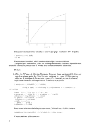 Para conhecer exatamente o tamanho de amostra por grupo para termos 85% de poder:
> tamanho[x=="0.85"]
[1] 46
Esse tamanho de amostra parece bastante razoável para o nosso problema.
A sugestão para uma amostra, como não está implementado no R seria ou implementar ou
então usar simulações para calcular os poderes para diferentes tamanhos de amostra.
Do livro:
6. (7.2.) Em 747 casos de febre das Montanhas Rochosas, foram registrados 210 óbitos em
uma determinada região dos EUA. Em outra região, de 661 casos, 122 faleceram. A
diferença de letalidade da doença entre essas regiões é estatisticamente significante?
Aqui temos várias alternativas para testar. Primeiro pela proporção
> prop.test(c(210,122),c(747,661))
2-sample test for equality of proportions with continuity
correction
data: c(210, 122) out of c(747, 661)
X-squared = 17.612, df = 1, p-value = 2.709e-05
alternative hypothesis: two.sided
95 percent confidence interval:
0.05138139 0.14172994
sample estimates:
prop 1 prop 2
0.2811245 0.1845688
Poderíamos criar uma tabelinha para usar o teste Qui-quadrado e Fishher também:
tabelinha<-matrix(c(210,122,747-210,661-122), nrow=2)
E agora podemos aplicar os testes:
5
 