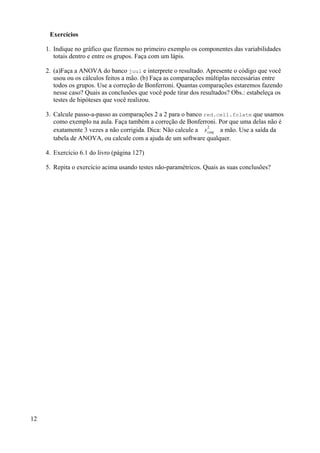 Exercícios
1. Indique no gráfico que fizemos no primeiro exemplo os componentes das variabilidades
totais dentro e entre os grupos. Faça com um lápis.
2. (a)Faça a ANOVA do banco juul e interprete o resultado. Apresente o código que você
usou ou os cálculos feitos a mão. (b) Faça as comparações múltiplas necessárias entre
todos os grupos. Use a correção de Bonferroni. Quantas comparações estaremos fazendo
nesse caso? Quais as conclusões que você pode tirar dos resultados? Obs.: estabeleça os
testes de hipóteses que você realizou.
3. Calcule passo-a-passo as comparações 2 a 2 para o banco red.cell.folate que usamos
como exemplo na aula. Faça também a correção de Bonferroni. Por que uma delas não é
exatamente 3 vezes a não corrigida. Dica: Não calcule a sconj
2
a mão. Use a saída da
tabela de ANOVA, ou calcule com a ajuda de um software qualquer.
4. Exercício 6.1 do livro (página 127)
5. Repita o exercício acima usando testes não-paramétricos. Quais as suas conclusões?
12
 