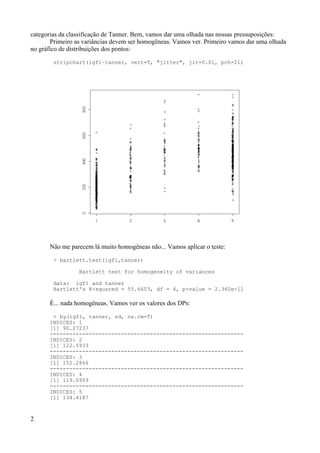 categorias da classificação de Tanner. Bem, vamos dar uma olhada nas nossas pressuposições:
Primeiro as variâncias devem ser homogêneas. Vamos ver. Primeiro vamos dar uma olhada
no gráfico de distribuições dos pontos:
stripchart(igf1~tanner, vert=T, "jitter", jit=0.01, pch=21)
Não me parecem lá muito homogêneas não... Vamos aplicar o teste:
> bartlett.test(igf1,tanner)
Bartlett test for homogeneity of variances
data: igf1 and tanner
Bartlett's K-squared = 55.6603, df = 4, p-value = 2.362e-11
É... nada homogêneas. Vamos ver os valores dos DPs:
> by(igf1, tanner, sd, na.rm=T)
INDICES: 1
[1] 90.27237
------------------------------------------------------------
INDICES: 2
[1] 122.5933
------------------------------------------------------------
INDICES: 3
[1] 152.2866
------------------------------------------------------------
INDICES: 4
[1] 119.0959
------------------------------------------------------------
INDICES: 5
[1] 134.4187
2
 