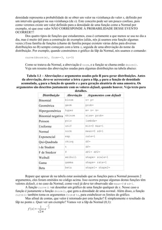 densidade representa a probabilidade de se obter um valor na vizinhança do valor x, definido por
um intervalo qualquer na sua vizinhança (de x). Este conceito pode ser um pouco confuso, pois
como veremos existe um valor definido para a densidade de uma função como a Normal por
exemplo, só que esse valor NÃO CORRESPONDE À PROBABILIDADE DESSE EVENTO
OCORRER!!!
Dos quatro tipos de funções que estudaremos, essa é certamente a que menos se usa no dia a
dia, mas é muito útil para a construção de exemplos (aliás, nós já usamos esta função algumas
vezes.) Essa família de funções (chamo de família porque existem várias delas para diversas
distribuições no R) sempre começam com a letra d, seguida de uma abreviação do nome da
distribuição. Por exemplo, quando construímos o gráfico da fdp da Normal, nós usamos o comando:
curve(dnorm(x), from=-3, to=3)
Como se tratava da Normal, a abreviação é norm, e a função se chama então dnorm().
Veja um resumo das abreviações usadas para algumas distribuições na tabela abaixo:
Tabela 1.1 – Abreviações e argumentos usados pelo R para gerar distribuições. Antes
da abreviação, deve-se acrescentar a letra d para a fdp, p para a função de densidade
acumulada, q para a função de quantis e r para geração aleatória de uma amostra. Os
argumentos são descritos juntamente com os valores default, quando houver. Veja texto para
detalhes.
Distribuição Abreviação Argumentos com default
Binomial binom n= p=
Geométrica geom prob=
Hipergeométrica hyper m= n= k=
Binomial negativa nbinom size= prob=
Poisson pois lambda=
Uniforme unif min=0 max=1
Normal norm mean=0 sd=1
Exponencial exp rate=1
Qui-Quadrada chisq df=
t de Student t df=
F de Snedcor f df1= df2=
Weibull weibull shape= scale=1
Gama gamma shape= rate=1
Beta beta shape1= shape2=
Repare que apesar de na tabela estar assinalado que as funções para a Normal possuem 2
argumentos, eles foram omitidos no código acima. Isso ocorreu porque algumas destas funções têm
valores default, e no caso da Normal, como você já deve ter observado são mean=0 e sd=1.
A função curve() vai desenhar um gráfico de uma função qualquer de x. Nesse caso a
função é justamente a função dnorm(), que gera a densidade de uma normal. Além disso, a função
curve() também toma os argumentos from e to, para estabelecer os limites do gráfico.
Mas afinal de contas, que valor é retornado por esta função? É simplesmente o resultado da
fdp no ponto x. Quer ver um exemplo? Vamos ver a fdp da Normal (0,1):
f x=
1
2
e
−
x2
2
 