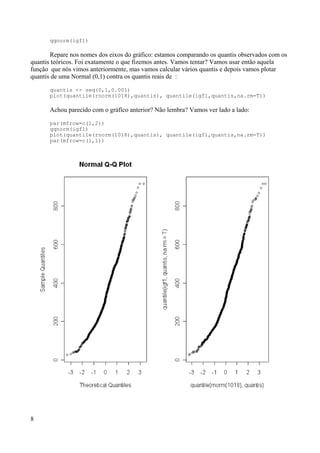qqnorm(igf1)
Repare nos nomes dos eixos do gráfico: estamos comparando os quantis observados com os
quantis teóricos. Foi exatamente o que fizemos antes. Vamos tentar? Vamos usar então aquela
função que nós vimos anteriormente, mas vamos calcular vários quantis e depois vamos plotar
quantis de uma Normal (0,1) contra os quantis reais de :
quantis <- seq(0,1,0.001)
plot(quantile(rnorm(1018),quantis), quantile(igf1,quantis,na.rm=T))
Achou parecido com o gráfico anterior? Não lembra? Vamos ver lado a lado:
par(mfrow=c(1,2))
qqnorm(igf1)
plot(quantile(rnorm(1018),quantis), quantile(igf1,quantis,na.rm=T))
par(mfrow=c(1,1))
8
 