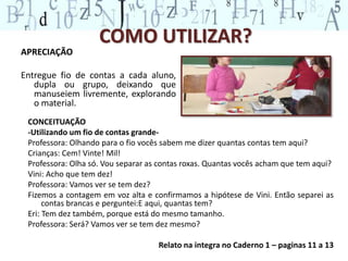 APRECIAÇÃO
Entregue fio de contas a cada aluno,
dupla ou grupo, deixando que
manuseiem livremente, explorando
o material.
COMO UTILIZAR?
CONCEITUAÇÃO
-Utilizando um fio de contas grande-
Professora: Olhando para o fio vocês sabem me dizer quantas contas tem aqui?
Crianças: Cem! Vinte! Mil!
Professora: Olha só. Vou separar as contas roxas. Quantas vocês acham que tem aqui?
Vini: Acho que tem dez!
Professora: Vamos ver se tem dez?
Fizemos a contagem em voz alta e confirmamos a hipótese de Vini. Então separei as
contas brancas e perguntei:E aqui, quantas tem?
Eri: Tem dez também, porque está do mesmo tamanho.
Professora: Será? Vamos ver se tem dez mesmo?
Relato na integra no Caderno 1 – paginas 11 a 13
 