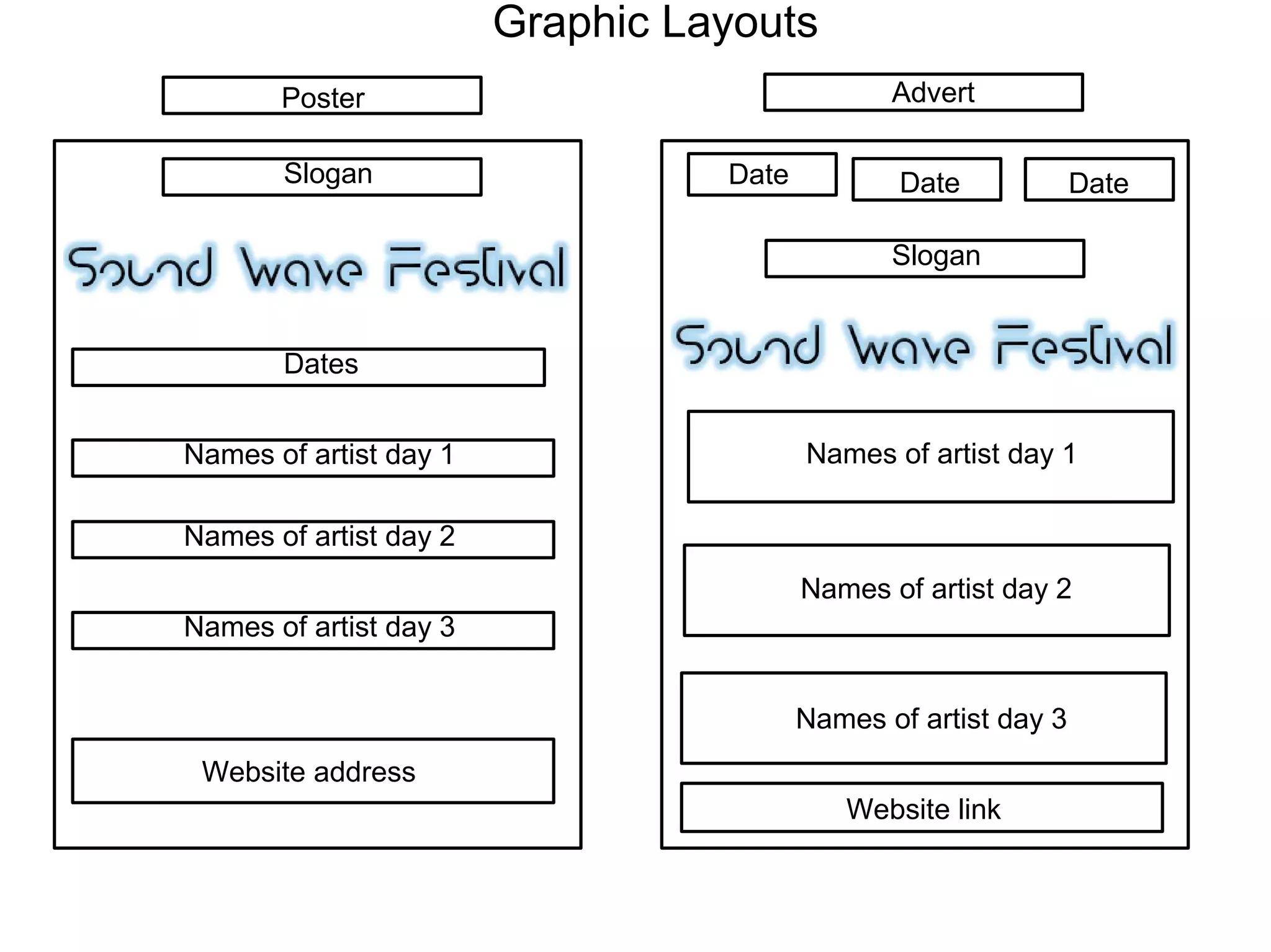 Graphic Layouts
Slogan
Poster
Dates
Names of artist day 1
Names of artist day 2
Names of artist day 3
Website address
Slogan
Date Date Date
Names of artist day 1
Names of artist day 2
Names of artist day 3
Advert
Website link
 