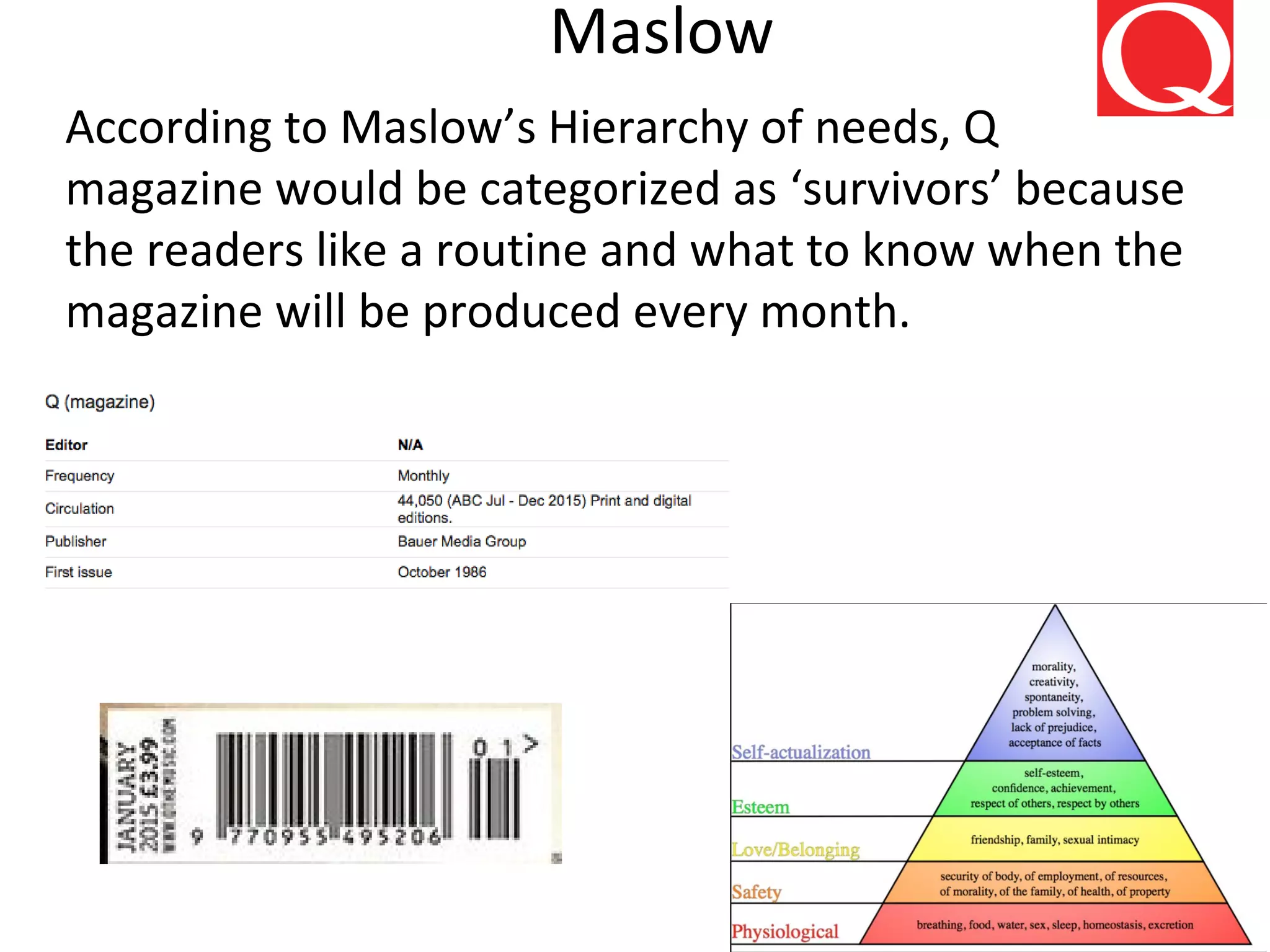 Maslow
According to Maslow’s Hierarchy of needs, Q
magazine would be categorized as ‘survivors’ because
the readers like a routine and what to know when the
magazine will be produced every month.
 