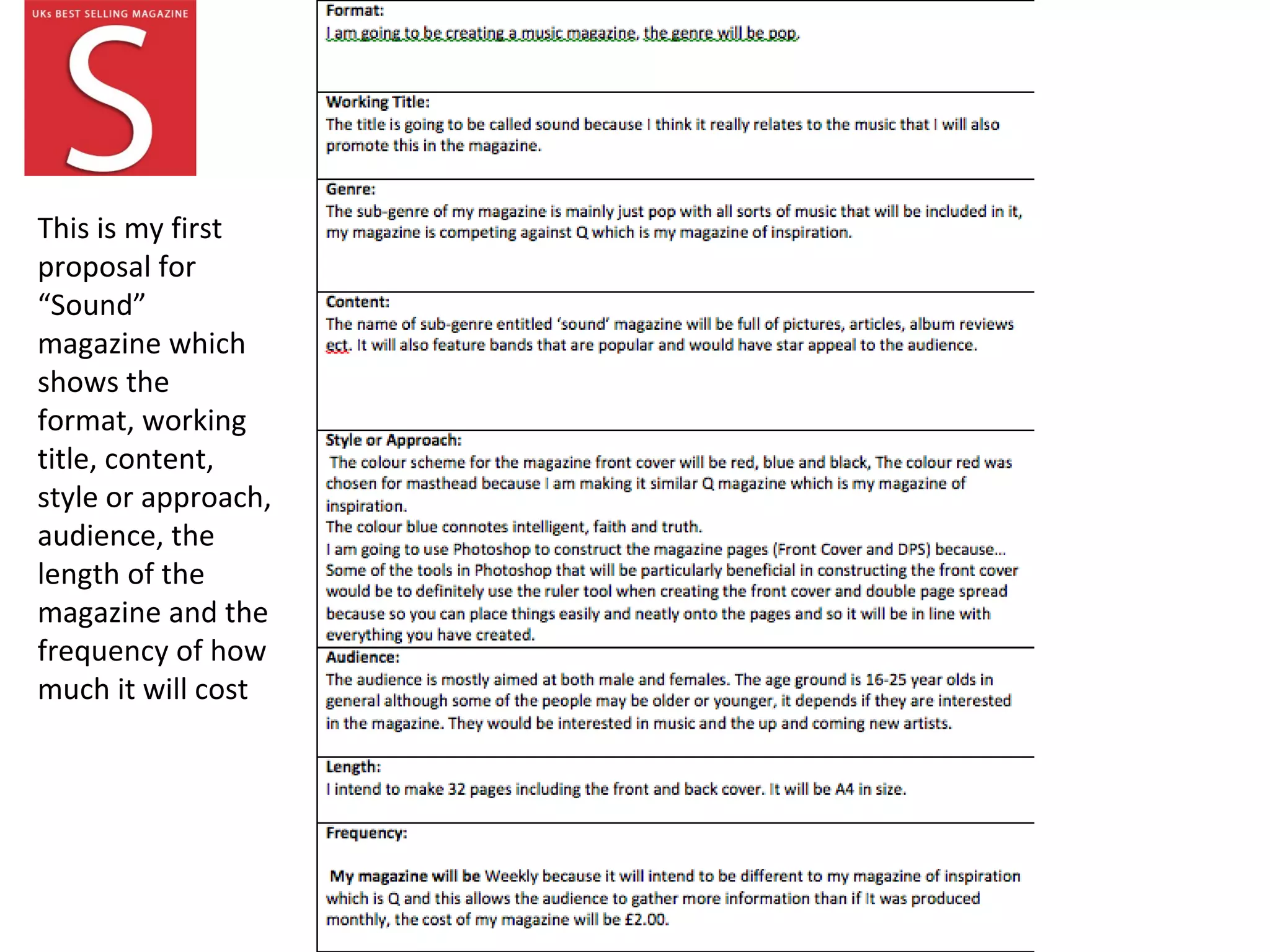 This is my first
proposal for
“Sound”
magazine which
shows the
format, working
title, content,
style or approach,
audience, the
length of the
magazine and the
frequency of how
much it will cost
 