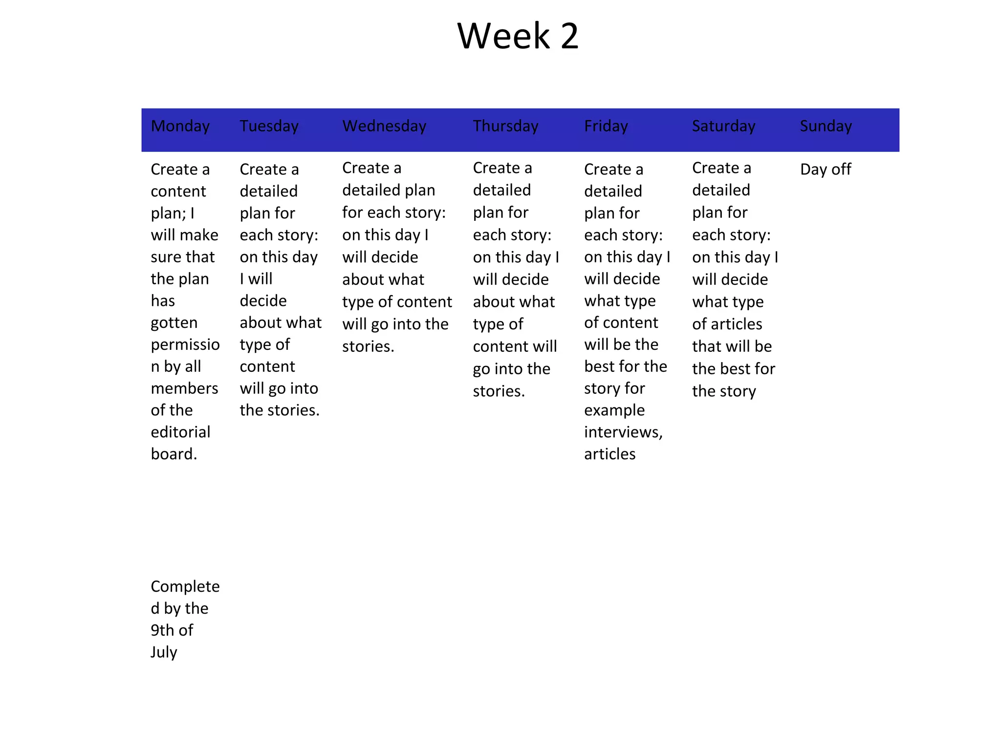 Monday Tuesday Wednesday Thursday Friday Saturday Sunday
Create a
content
plan; I
will make
sure that
the plan
has
gotten
permissio
n by all
members
of the
editorial
board.
Create a
detailed
plan for
each story:
on this day
I will
decide
about what
type of
content
will go into
the stories.
Create a
detailed plan
for each story:
on this day I
will decide
about what
type of content
will go into the
stories.
Create a
detailed
plan for
each story:
on this day I
will decide
about what
type of
content will
go into the
stories.
Create a
detailed
plan for
each story:
on this day I
will decide
what type
of content
will be the
best for the
story for
example
interviews,
articles
Create a
detailed
plan for
each story:
on this day I
will decide
what type
of articles
that will be
the best for
the story
Day off
Complete
d by the
9th of
July
Week 2
 