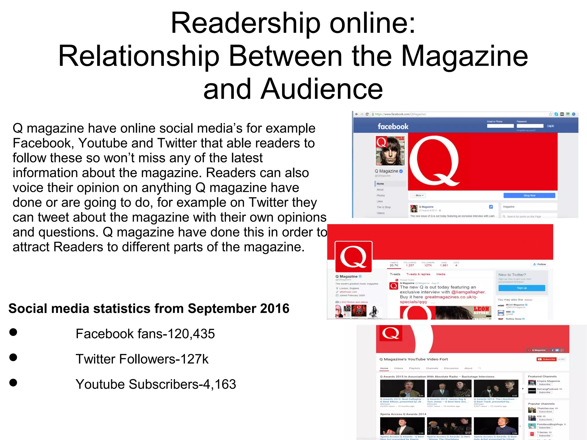 Readership online:
Relationship Between the Magazine
and Audience
Q magazine have online social media’s for example
Facebook, Youtube and Twitter that able readers to
follow these so won’t miss any of the latest
information about the magazine. Readers can also
voice their opinion on anything Q magazine have
done or are going to do, for example on Twitter they
can tweet about the magazine with their own opinions
and questions. Q magazine have done this in order to
attract Readers to different parts of the magazine.
Social media statistics from September 2016
 Facebook fans-120,435
 Twitter Followers-127k
 Youtube Subscribers-4,163
 