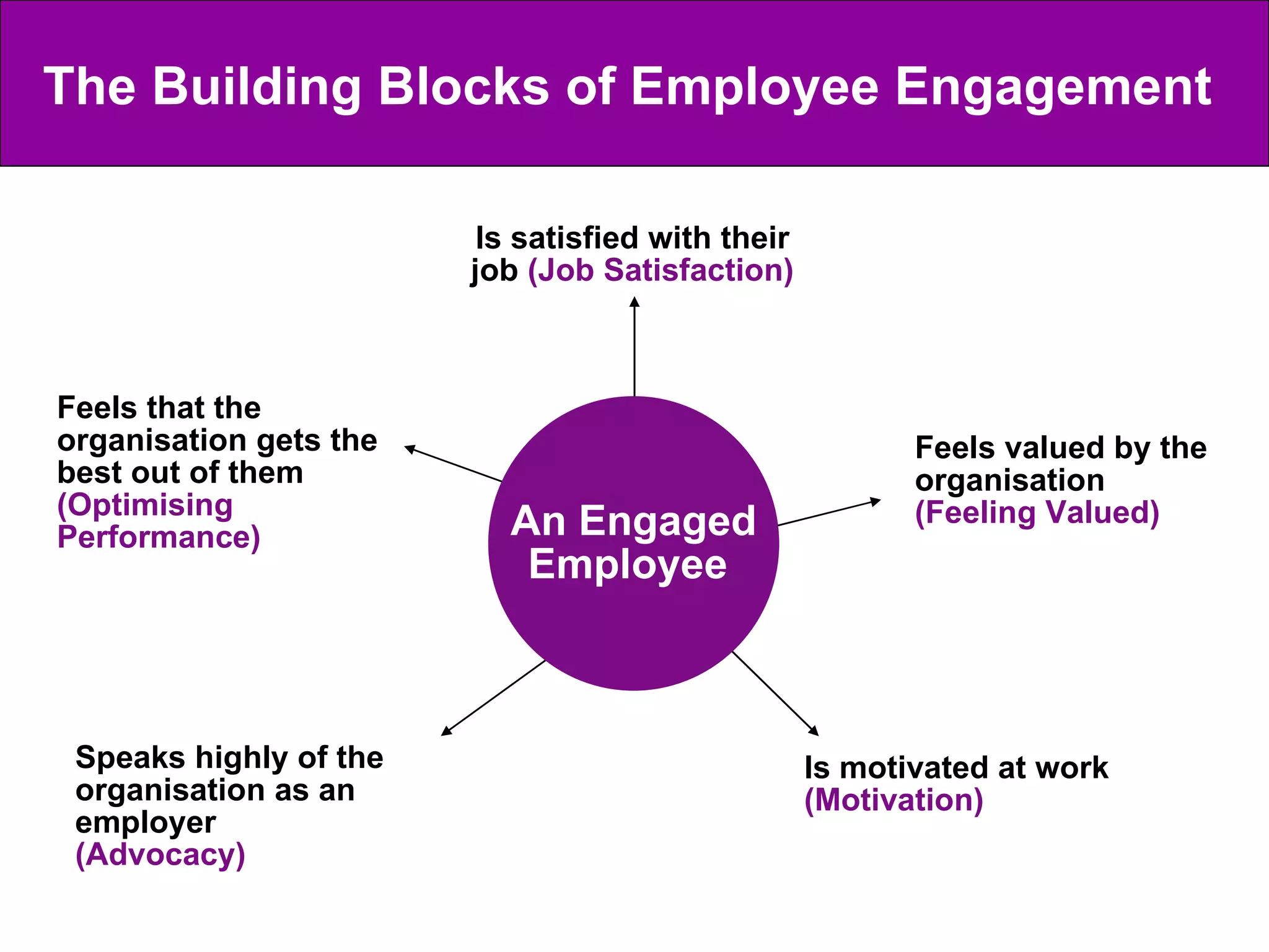 An Engaged Employee  Feels that the organisation gets the best out of them  (Optimising Performance) Speaks highly of the organisation as an employer (Advocacy) Is motivated at work (Motivation) Feels valued by the organisation (Feeling Valued) Is satisfied with their job  (Job Satisfaction) The Building Blocks of Employee Engagement  