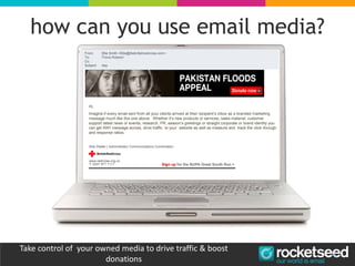 29
PROMOTE SEASONAL CAMPAIGNS AND EVENTS
Take control of your owned media to drive traffic & boost
donations
Hi,
Imagine if every email sent from all your clients arrived at their recipient’s inbox as a branded marketing
message much like this one above. Whether it’s new products or services, sales material, customer
support latest news or events, research, PR, season’s greetings or straight corporate or brand identity you
can get ANY message across, drive traffic to your website as well as measure and track the click-through
and response ratios.
how can you use email media?
 