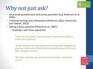 Why not just ask? 
• Structured questionnaire and survey questions (e.g. Anderson et al., 
2005) 
• Timelines/writing tasks (Henwood and Shirani, 2012; Hanna and 
Lau-Clayton, 2012) 
• Asking a direct question (Phoenix et al., 2007) 
• Challenges with these approaches 
“Yeah isn’t this hard? Do you know it’s really hard, that’s a 
really hard question!” 
“At the moment this will sound like a really badly thought out 
plan but I tend not to think that far ahead because the future 
does actually scare me.” 
“Oh God, I literally, you just don't know what's around the 
corner” 
 