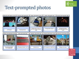 Text-prompted photos 
• 10 text messages over a 3 month period ‘take a picture of 
what you are doing’ 
• Point of comparison across the dataset 
• Not necessarily related to energy use 
• Aspects of daily life that may not otherwise be discussed 
• Timeline could be used as a prompt for past/future lifestyle 
 