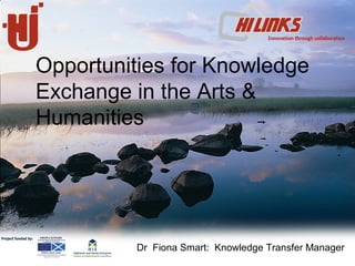 Dr Fiona Smart: Knowledge Transfer Manager
Opportunities for Knowledge
Exchange in the Arts &
Humanities
 