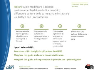 Tutor:	
  
Susana	
  Alonso,	
  Margherita	
  Pelonara	
  
Project	
  work	
  team:	
  
Enza	
  BerganFno,	
  Isabella	
  Torelli,	
  ValenFna	
  Maran	
  
Fiorani	
  vuole	
  modiﬁcare	
  il	
  proprio	
  
posizionamento	
  dei	
  prodo>	
  a	
  marchio,	
  
diﬀondere	
  cultura	
  della	
  carne	
  sana	
  e	
  instaurare	
  
un	
  dialogo	
  con	
  i	
  consumatori.	
  
	
  
	
  
Obie>vi	
  e	
  linee	
  guida	
  
del	
  brief.	
  	
  
Promuovere	
  la	
  
nuova	
  gamma	
  	
  
di	
  salsicce	
  con	
  	
  
nuovi	
  gusF	
  e	
  
formaF	
  
	
  
Promuovere	
  la	
  
cultura	
  del	
  
mangiare	
  bene,	
  in	
  
modo	
  gustoso	
  e	
  
sano	
  
Coinvolgere	
  
inﬂuencer	
  di	
  
seDore	
  e	
  in	
  
parFcolare	
  
blogger	
  legaF	
  ai	
  
temi	
  della	
  
genitorialità	
  	
  
Diﬀondere	
  una	
  
cultura	
  della	
  carne	
  
come	
  alimento	
  
sano	
  	
  
I	
  pun3	
  irrinunciabili:	
  
Mangiare	
  con	
  gusto	
  anche	
  se	
  si	
  hanno	
  intolleranze.	
  	
  
Puntare	
  su	
  chi	
  in	
  famiglia	
  ha	
  più	
  potere:	
  MAMME	
  
Mangiare	
  con	
  gusto	
  e	
  mangiare	
  sano:	
  si	
  può	
  fare	
  con	
  i	
  prodoM	
  gius3	
  
 