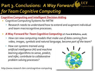 Cognitive Computing and Intelligent Decision Aiding
¡ Cognitive Computing Systems for MITM
§ Research needs to understand ...