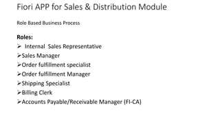 Fiori APP for Sales & Distribution Module
Roles:
 Internal Sales Representative
Sales Manager
Order fulfillment specialist
Order fulfillment Manager
Shipping Specialist
Billing Clerk
Accounts Payable/Receivable Manager (FI-CA)
Role Based Business Process
 