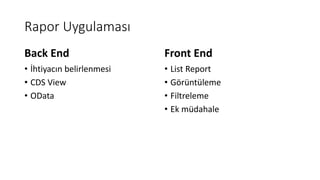 Rapor Uygulaması
• İhtiyacın belirlenmesi
• CDS View
• OData
• List Report
• Görüntüleme
• Filtreleme
• Ek müdahale
Back End Front End
 