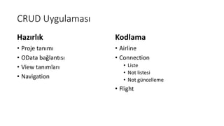 CRUD Uygulaması
• Proje tanımı
• OData bağlantısı
• View tanımları
• Navigation
• Airline
• Connection
• Liste
• Not listesi
• Not güncelleme
• Flight
Hazırlık Kodlama
 