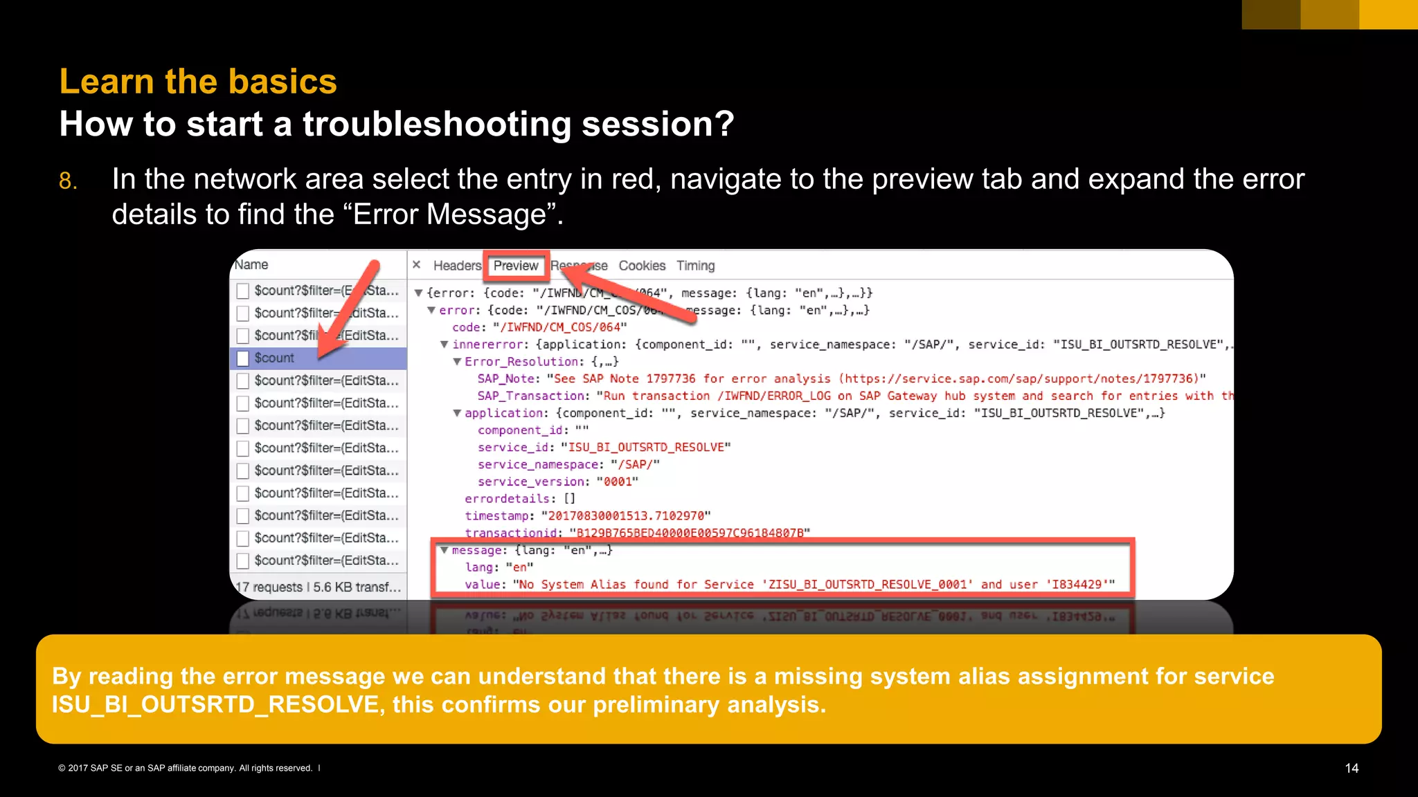 14© 2017 SAP SE or an SAP affiliate company. All rights reserved. ǀ
8. In the network area select the entry in red, navigate to the preview tab and expand the error
details to find the “Error Message”.
Learn the basics
How to start a troubleshooting session?
By reading the error message we can understand that there is a missing system alias assignment for service
ISU_BI_OUTSRTD_RESOLVE, this confirms our preliminary analysis.
 