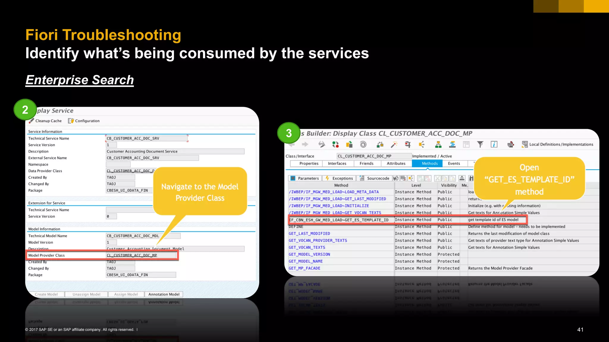 41© 2017 SAP SE or an SAP affiliate company. All rights reserved. ǀ
Enterprise Search
Fiori Troubleshooting
Identify what’s being consumed by the services
2
3
 