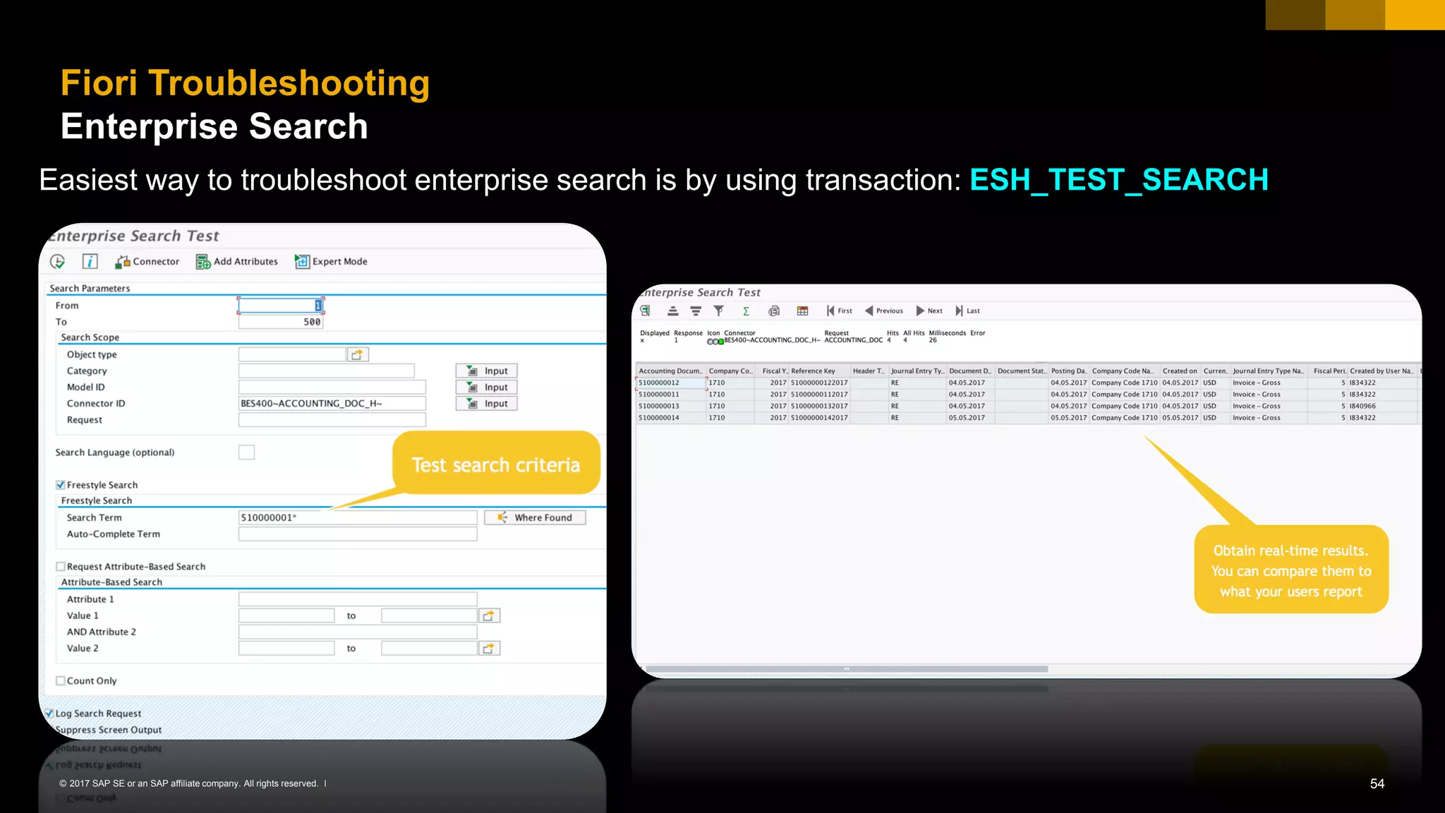 54© 2017 SAP SE or an SAP affiliate company. All rights reserved. ǀ
Fiori Troubleshooting
Enterprise Search
Easiest way to troubleshoot enterprise search is by using transaction: ESH_TEST_SEARCH
 