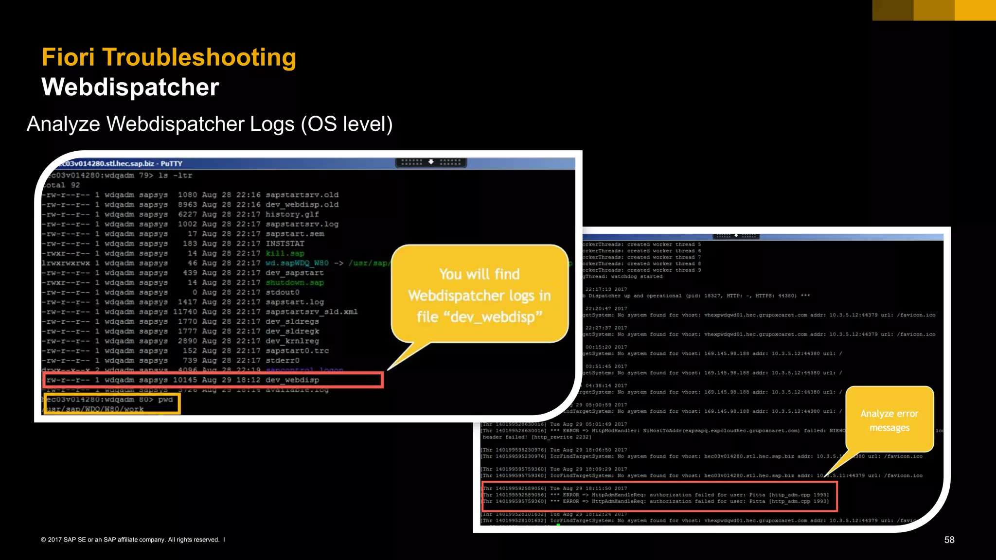 58© 2017 SAP SE or an SAP affiliate company. All rights reserved. ǀ
Fiori Troubleshooting
Webdispatcher
Analyze Webdispatcher Logs (OS level)
 