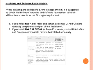 Hardware and Software Requirements
While installing and configuring SAP Fiori apps system, it is suggested
to check the minimum hardware and software requirement to install
different components as per Fiori apps requirement.
1. If you install NW 7.4 for Front-end server, all central UI Add-Ons and
Gateway components are part of that installation.
2. If you install NW 7.31 SPS04 for Front-End server, central UI Add-Ons
and Gateway components have to be installed separately.
 