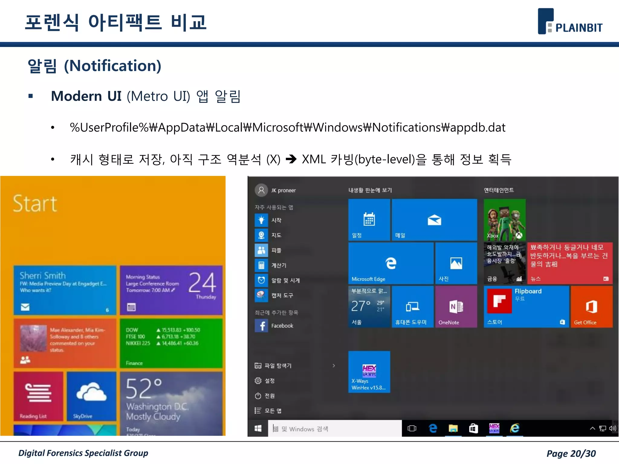 Digital Forensics Specialist Group Page 20/30
포렌식 아티팩트 비교
알림 (Notification)
 Modern UI (Metro UI) 앱 알림
• %UserProfile%AppDataLocalMicrosoftWindowsNotificationsappdb.dat
• 캐시 형태로 저장, 아직 구조 역분석 (X)  XML 카빙(byte-level)을 통해 정보 획득
• ㅌ
 