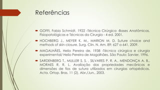 Referências 
 GOFFI, Fabio Schmidt, 1922 -Técnica Cirúrgica -Bases Anatômicas, 
Fisiopatológicas e Técnicas da Cirurgia - 4 ed. 2001. 
 HOCHBERG J., MEYER K. M., MARION M. D. Suture choice and 
methods of skin closure. Surg. Clin. N. Am. 89; 627 a 641, 2009. 
 MAGALHÃES, Helio Pereira de, 1938 -Técnica cirúrgica e cirurgia 
experimental/ Helio Pereira de Magalhães. São Paulo: Sarvier, 1996. 
 SARDENBERG T., MULLER S. S. , SILVARES P. R. A., MENDONÇA A. B., 
MORAES R. R. L. Avaliação das propriedades mecânicas e 
dimensões de fios de sutura utilizados em cirurgias ortopédicas. 
Acta. Ortop. Bras. 11 (2), Abr./Jun., 2003. 
