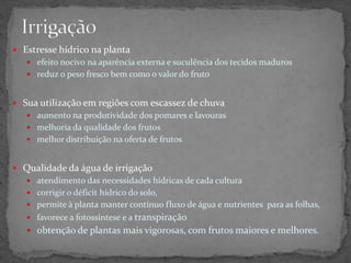  Estresse hídrico na planta
 efeito nocivo na aparência externa e suculência dos tecidos maduros
 reduz o peso fresco bem como o valor do fruto
 Sua utilização em regiões com escassez de chuva
 aumento na produtividade dos pomares e lavouras
 melhoria da qualidade dos frutos
 melhor distribuição na oferta de frutos
 Qualidade da água de irrigação
 atendimento das necessidades hídricas de cada cultura
 corrigir o déficit hídrico do solo,
 permite à planta manter contínuo fluxo de água e nutrientes para as folhas,
 favorece a fotossíntese e a transpiração
 obtenção de plantas mais vigorosas, com frutos maiores e melhores.
 