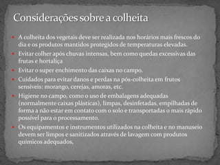  A colheita dos vegetais deve ser realizada nos horários mais frescos do
dia e os produtos mantidos protegidos de temperaturas elevadas.
 Evitar colher após chuvas intensas, bem como quedas excessivas das
frutas e hortaliça
 Evitar o super enchimento das caixas no campo.
 Cuidados para evitar danos e perdas na pós-colheita em frutos
sensiveis: morango, cerejas, amoras, etc.
 Higiene no campo, como o uso de embalagens adequadas
(normalmente caixas plásticas), limpas, desinfetadas, empilhadas de
forma a não estar em contato com o solo e transportadas o mais rápido
possível para o processamento.
 Os equipamentos e instrumentos utilizados na colheita e no manuseio
devem ser limpos e sanitizados através de lavagem com produtos
químicos adequados,
 