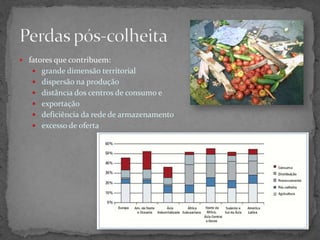  fatores que contribuem:
 grande dimensão territorial
 dispersão na produção
 distância dos centros de consumo e
 exportação
 deficiência da rede de armazenamento
 excesso de oferta
 