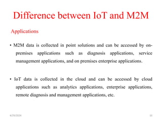 Difference between IoT and M2M
Applications
• M2M data is collected in point solutions and can be accessed by on-
premises applications such as diagnosis applications, service
management applications, and on premises enterprise applications.
• IoT data is collected in the cloud and can be accessed by cloud
applications such as analytics applications, enterprise applications,
remote diagnosis and management applications, etc.
4/29/2024 10
 