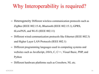 Why Interoperability is required?
– Heterogeneity Different wireless communication protocols such as
ZigBee (IEEE 802.15.4), Bluetooth (IEEE 802.15.1), GPRS,
6LowPAN, and Wi-Fi (IEEE 802.11)
– Different wired communication protocols like Ethernet (IEEE 802.3)
and Higher Layer LAN Protocols (IEEE 802.1)
– Different programming languages used in computing systems and
websites such as JavaScript, JAVA, C, C++, Visual Basic, PHP, and
Python
– Different hardware platforms such as Crossbow, NI, etc.
4/29/2024 14
 