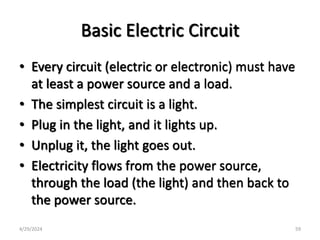 Basic Electric Circuit
• Every circuit (electric or electronic) must have
at least a power source and a load.
• The simplest circuit is a light.
• Plug in the light, and it lights up.
• Unplug it, the light goes out.
• Electricity flows from the power source,
through the load (the light) and then back to
the power source.
4/29/2024 59
 