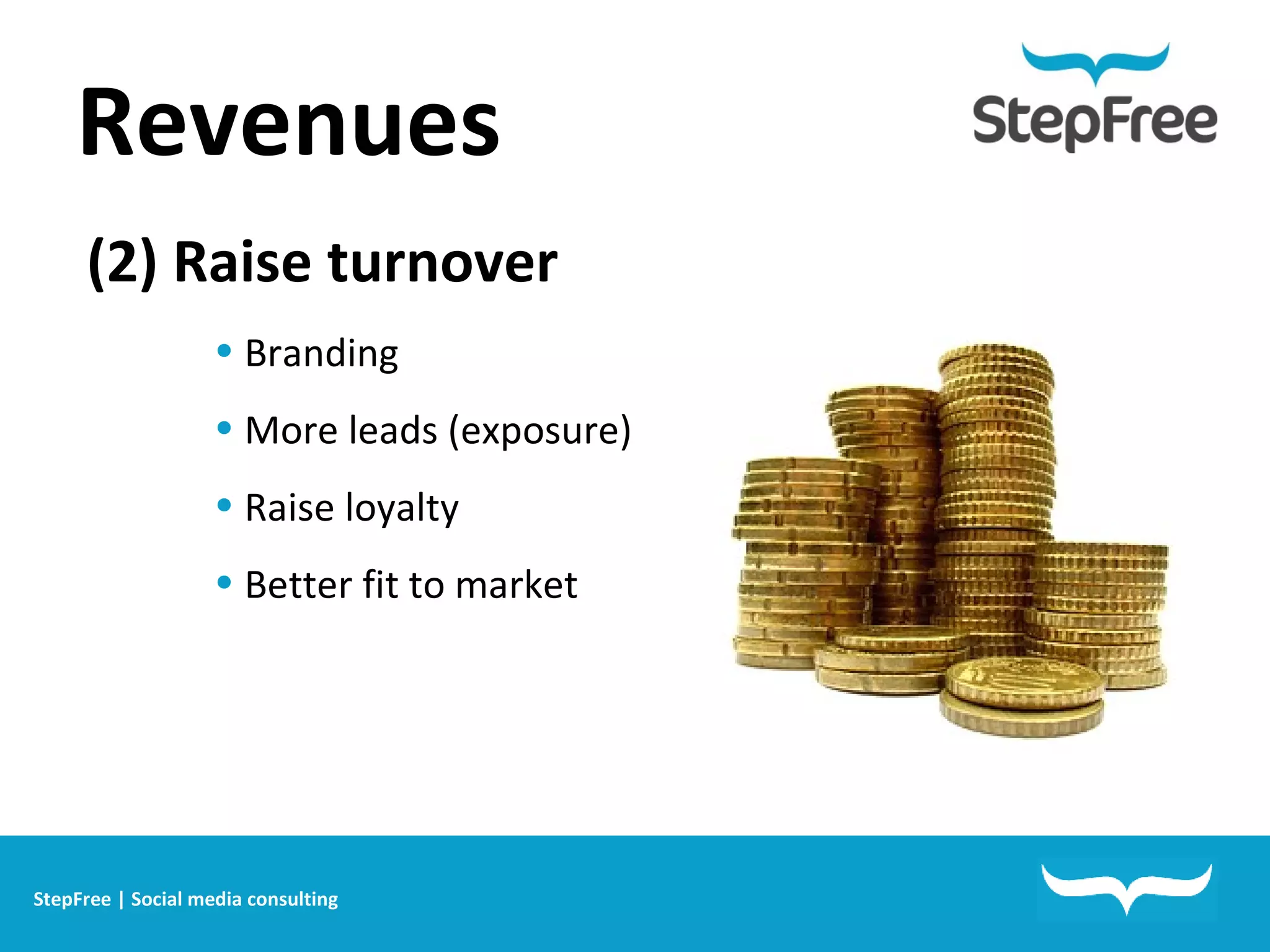 Revenues   StepFree | Social media consulting Branding More leads (exposure) Raise loyalty  Better fit to market (2) Raise turnover 