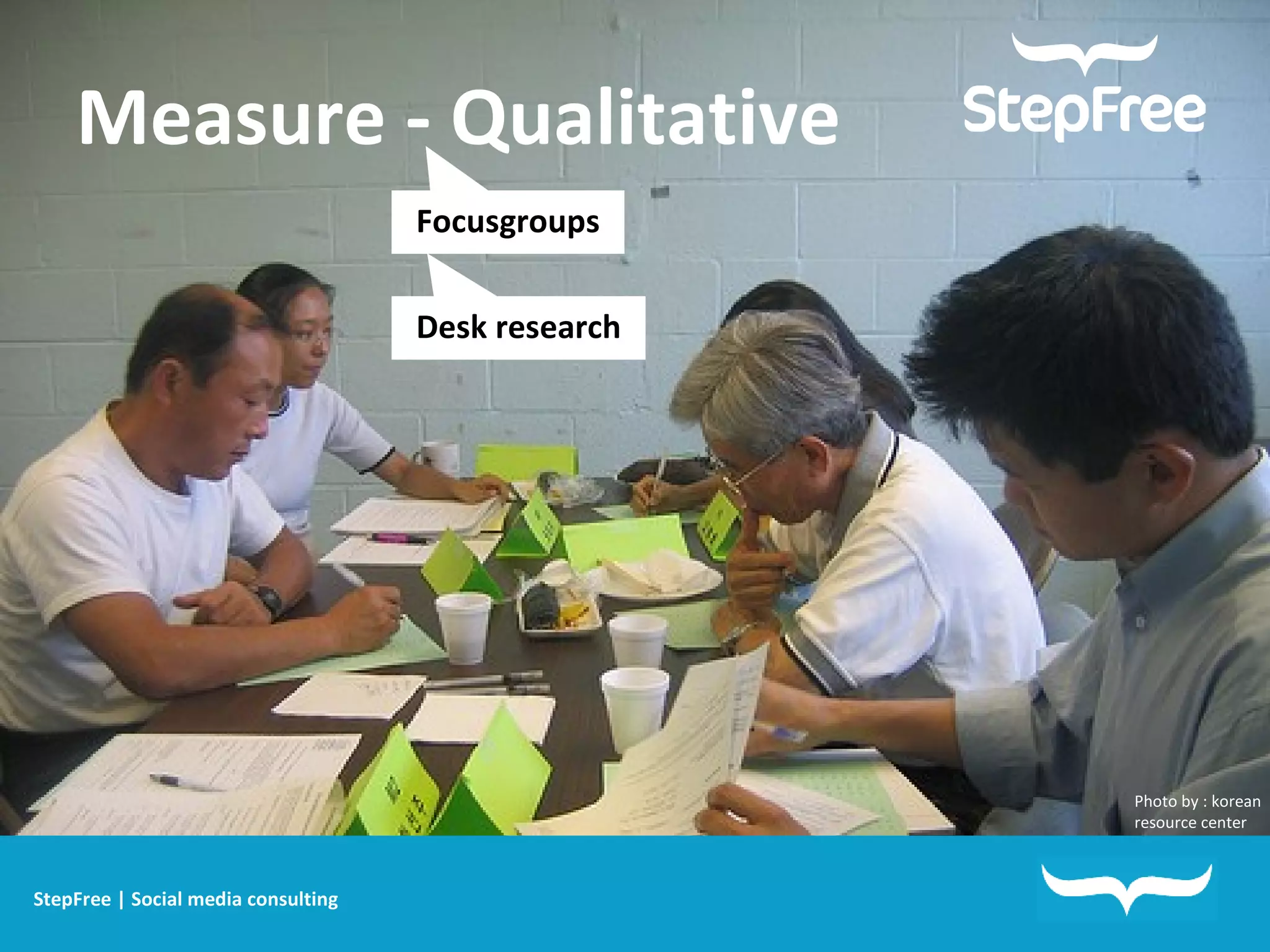 Measure - Qualitative StepFree | Social media consulting Focusgroups Desk research Photo by : korean resource center 