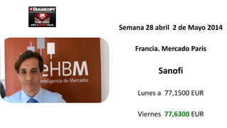 Semana 28 abril 2 de Mayo 2014
Francia. Mercado Paris
Sanofi
Lunes a 77,1500 EUR
Viernes 77,6300 EUR
 