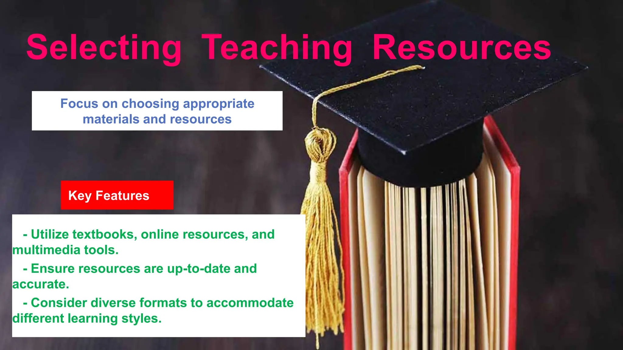 Focus on choosing appropriate
materials and resources
Key Features
- Utilize textbooks, online resources, and
multimedia tools.
- Ensure resources are up-to-date and
accurate.
- Consider diverse formats to accommodate
different learning styles.
Selecting Teaching Resources
 