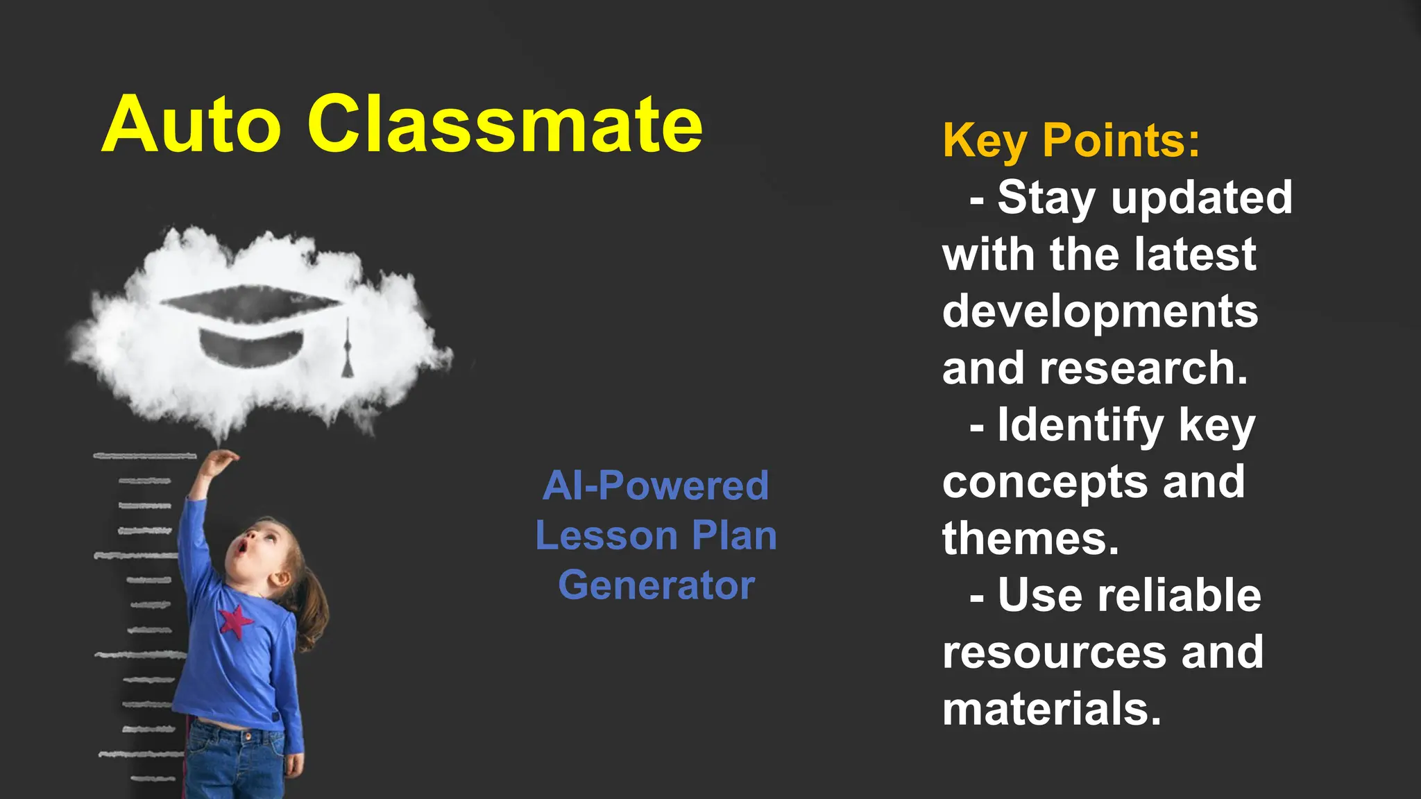 Auto Classmate Key Points:
- Stay updated
with the latest
developments
and research.
- Identify key
concepts and
themes.
- Use reliable
resources and
materials.
AI-Powered
Lesson Plan
Generator
 